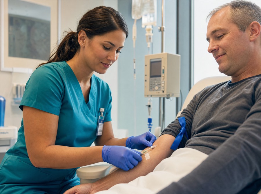 Nurse calmly placing an IV catheter in a patient's forearm