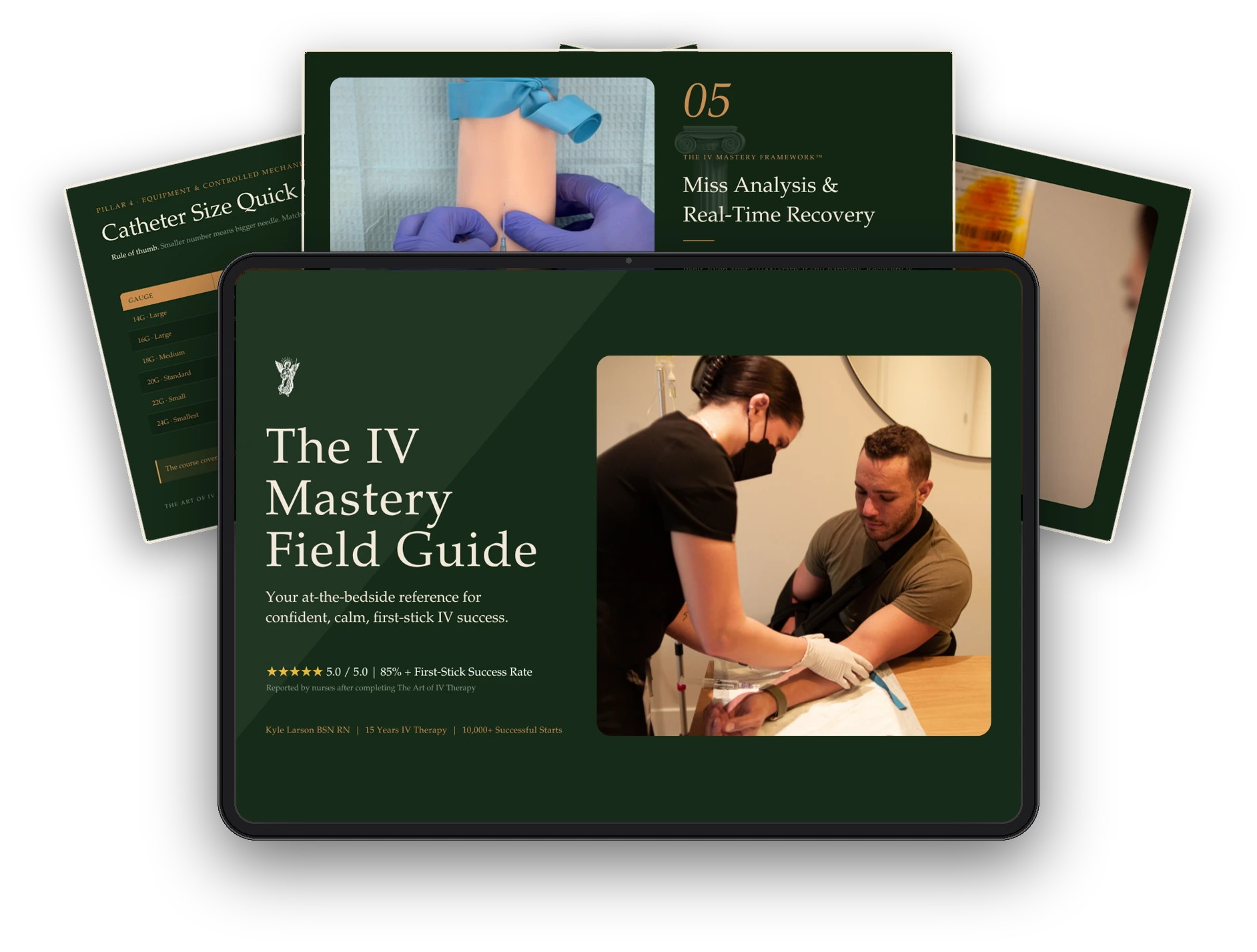 The IV Mastery Field Guide shown on an iPad with reference pages fanning out behind it — free PDF guide for nurses